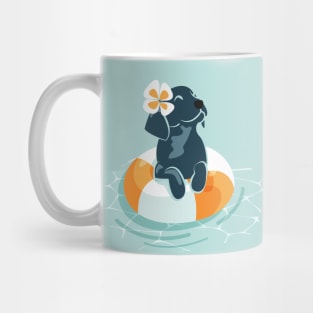 Summer pool pawty // aqua background Labrador Retriever dog breed in vacation playing on swimming pool Mug